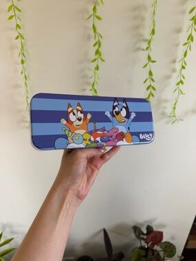 Blue Striped Kids Tin Pencil Case with Cartoon Characters